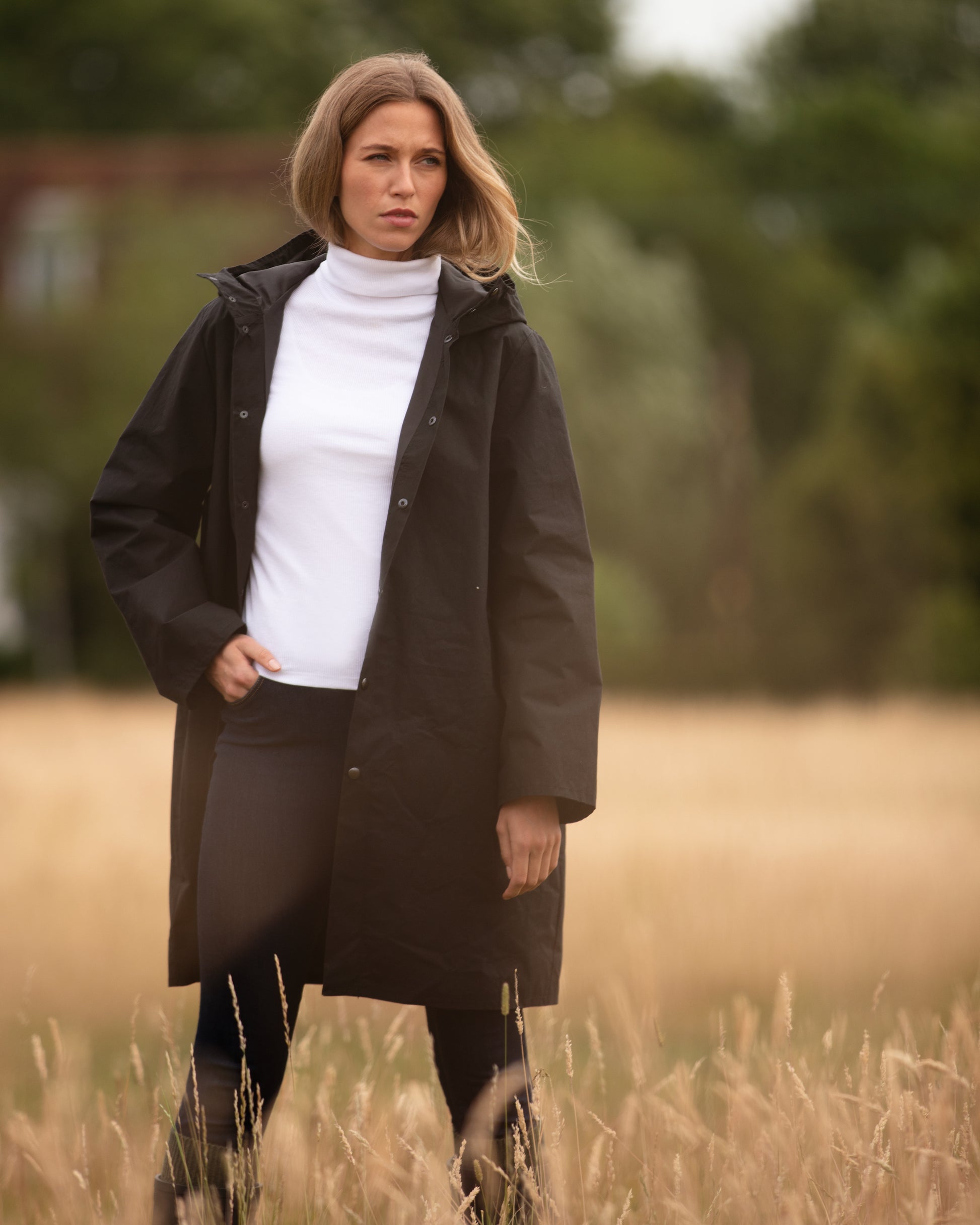 Women's Black Waxed Cotton Rain Coat