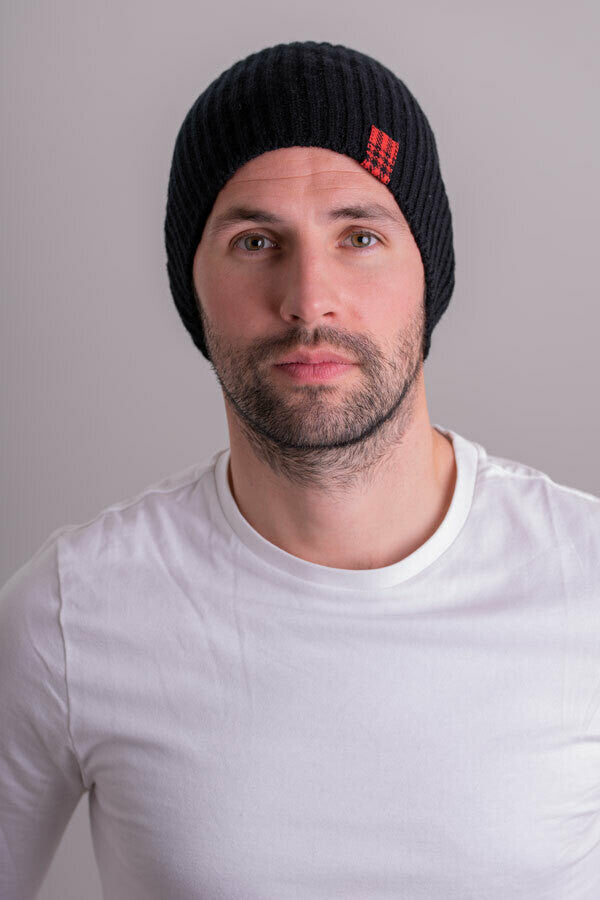 Black Cashmere Ribbed Beanie Hat